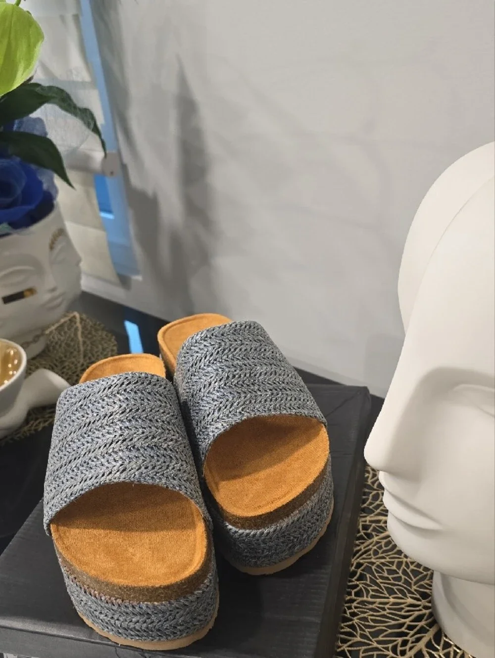 Cape Robbin Denim Blue Woven Platform Slides